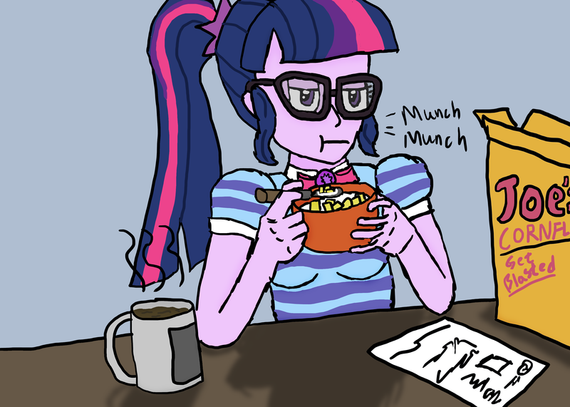 Size: 3500x2500 | Tagged: safe, artist:dafid25, derpibooru import, sci-twi, twilight sparkle, human, equestria girls, breakfast, cereal, cereal box, coffee, coffee mug, eating, food, glasses, image, mug, paper, png