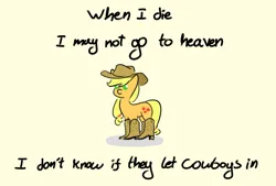 Size: 2000x1350 | Tagged: safe, artist:adamscage, derpibooru import, applejack, earth pony, pony, applejack's hat, boots, clothes, cowboy boots, cowboy hat, female, hat, image, mare, png, shoes, simple background, solo, text, yellow background