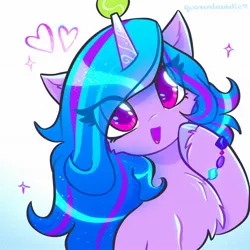 Size: 2048x2048 | Tagged: safe, artist:qwennondeathdie, derpibooru import, izzy moonbow, pony, unicorn, g5, ball, bracelet, chest fluff, cute, eye clipping through hair, female, friendship bracelet, heart, high res, horn, image, izzy's tennis ball, izzybetes, jewelry, jpeg, looking at you, mare, open mouth, signature, simple background, solo, sparkles, tennis ball, white background