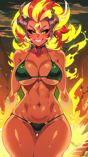 Size: 864x1536 | Tagged: suggestive, derpibooru import, editor:sammykun, machine learning generated, stable diffusion, sunset shimmer, demon, human, equestria girls, ai content, belly button, big breasts, bikini, black sclera, breasts, clothes, demon horns, fire, gritted teeth, horns, humanized, image, midriff, png, prompter:sammykun, red skin, sexy, smiling, stupid sexy sunset shimmer, sunset satan, swimsuit, teeth, wide hips