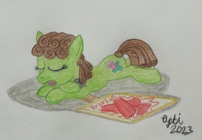 Size: 3118x2154 | Tagged: safe, artist:opti, derpibooru import, oc, oc:broadside barb, unofficial characters only, earth pony, atg 2023, image, jpeg, newbie artist training grounds, sign, sleeping, traditional art