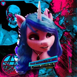 Size: 4300x4300 | Tagged: safe, artist:vice common, derpibooru import, edit, edited screencap, screencap, izzy moonbow, pony, unicorn, g5, my little pony: a new generation, collar, ear piercing, earring, eyeshadow, female, goth, goth izzy, image, jewelry, makeup, nose piercing, piercing, png, solo