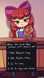 Size: 700x1244 | Tagged: safe, artist:lumineko, derpibooru import, apple bloom, anthro, earth pony, pony, breakfast, female, filly, foal, food, image, jpeg, looking at something, pancakes, solo, text box