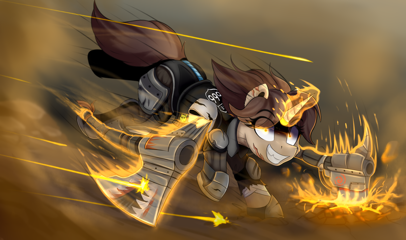 Size: 5280x3120 | Tagged: safe, artist:singovih, derpibooru import, oc, unofficial characters only, pony, unicorn, fallout equestria, armor, axe, bullet, clothes, cracks, desert storm, epic, female, glow, glowing eyes, image, looking at you, madness, magic, mare, melee weapon, png, running, scar, smiling, smiling at you, solo, telekinesis, wasteland, weapon