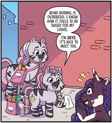 Size: 750x820 | Tagged: safe, artist:shauna j. grant, artist:shaunadraws, derpibooru import, idw, violette rainbow, pony, unicorn, zebra, g5, spoiler:comic, spoiler:g5comic, spoiler:g5comic14, braces, dialogue, emanata, female, filly, foal, image, jpeg, mare, mariama, skye (g5), speech bubble, trio, unshorn fetlocks, vitiligo