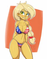 Size: 800x1000 | Tagged: suggestive, artist:inkypuso, derpibooru import, applejack, human, equestria girls, amerijack, bikini, breasts, busty applejack, clothes, female, flag desecration, image, jpeg, solo, solo female, swimsuit