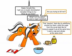 Size: 1236x958 | Tagged: safe, artist:termyotter, derpibooru import, oc, oc:macrophage, pony, unicorn, adorable distress, atg 2023, canada day, cute, flag, food, image, jpeg, maple syrup, newbie artist training grounds, pancakes, poutine