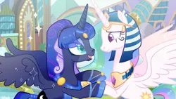 Size: 1280x720 | Tagged: safe, artist:fourteennails, derpibooru import, idw, princess celestia, princess luna, alicorn, pony, reflections, spoiler:comic, artemis luna, base used, deviantart watermark, duo, female, image, jpeg, looking at each other, looking at someone, mare, mirror universe, obtrusive watermark, open mouth, open smile, ra celestia, royal sisters, siblings, sisters, smiling, teary eyes, watermark