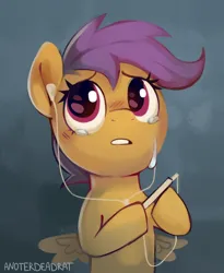 Size: 2406x2928 | Tagged: safe, artist:anotherdeadrat, derpibooru import, scootaloo, pegasus, pony, bust, crying, earbuds, image, mobile phone, phone, png, portrait, sad, smartphone, solo, teary eyes