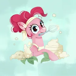 Size: 2048x2048 | Tagged: safe, artist:anotherdeadrat, derpibooru import, pinkie pie, earth pony, pony, apron, cake, clothes, food, headband, image, jpeg, mouth hold, smiling, solo, wisk