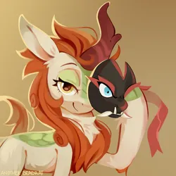 Size: 3900x3900 | Tagged: safe, artist:anotherdeadrat, derpibooru import, autumn blaze, kirin, pony, cloven hooves, cute, image, lidded eyes, looking at you, mask, png, simple background, smiling, solo