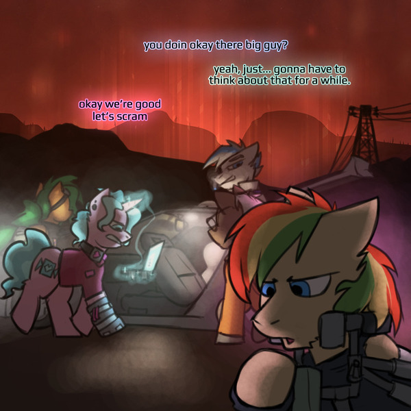 Size: 800x800 | Tagged: safe, artist:captainhoers, derpibooru import, oc, oc:atom smasher, oc:candy chip, oc:father corona, oc:rainbow code, oc:throttle track, unofficial characters only, cyborg, earth pony, pegasus, pony, unicorn, the sunjackers, cyberpunk, female, image, jpeg, male, mare, stallion