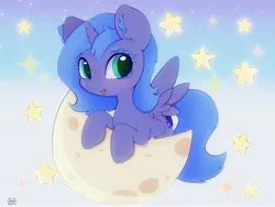 Size: 4000x3000 | Tagged: safe, artist:zokkili, derpibooru import, princess luna, alicorn, pony, beanbrows, cute, eyebrows, female, filly, high res, horn, image, jpeg, looking at you, lunabetes, moon, open mouth, open smile, signature, smiling, smiling at you, solo, sparkles, spread wings, stars, wings, woona, younger