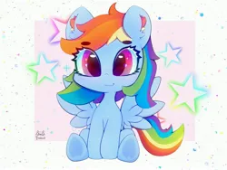 Size: 4000x3000 | Tagged: safe, artist:zokkili, derpibooru import, rainbow dash, pegasus, pony, beanbrows, cute, dashabetes, eye clipping through hair, eyebrows, eyebrows visible through hair, female, frog (hoof), high res, image, jpeg, looking at you, signature, sitting, smiling, smiling at you, solo, spread wings, stars, underhoof, wings