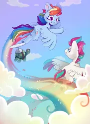 Size: 3071x4252 | Tagged: safe, artist:cutepencilcase, derpibooru import, rainbow dash, tank, zipp storm, pegasus, pony, tortoise, g5, cloud, flying, g4, generation leap, generational ponidox, image, looking at each other, looking at someone, png, sky, smiling, trio, zipp and her heroine
