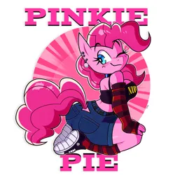 Size: 5000x5000 | Tagged: suggestive, artist:tysobro, derpibooru import, pinkie pie, anthro, earth pony, anthrofied, arm warmers, big breasts, big tail, blue eyes, breasts, busty pinkie pie, butt, clothes, denim, denim shorts, ear piercing, earring, female, hand on leg, hand on thigh, image, jewelry, kneeling, long hair, looking at you, looking back, one eye closed, piercing, pink body, pink hair, pink tail, png, punk, punkie pie, rear view, shoes, short shirt, shorts, simple background, smiling, socks, solo, solo female, tail, text, wink