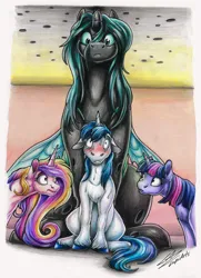 Size: 2529x3485 | Tagged: safe, artist:lupiarts, derpibooru import, princess cadance, queen chrysalis, shining armor, twilight sparkle, alicorn, changeling, changeling queen, pony, unicorn, big bug, blushing, crying, female, image, jpeg, nervous sweat, size difference, suspicious