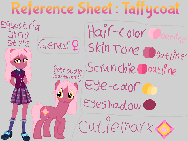 Size: 1024x768 | Tagged: safe, artist:rainbowstarcolour262, derpibooru import, oc, oc:taffycoat, unofficial characters only, earth pony, human, pony, equestria girls, bowtie, clothes, crystal prep academy uniform, cutie mark, earth pony oc, eyeshadow, female, gray background, hand behind back, handwritten text, image, makeup, mare, pigtails, plaid skirt, pleated skirt, png, raised hoof, reference sheet, school uniform, scrunchie, shirt, shoes, simple background, skirt, socks, solo, text, twintails, yellow eyes