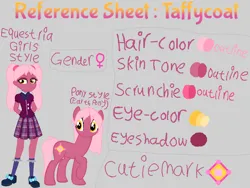 Size: 1024x768 | Tagged: safe, artist:rainbowstarcolour262, derpibooru import, oc, oc:taffycoat, unofficial characters only, earth pony, human, pony, equestria girls, bowtie, clothes, crystal prep academy uniform, cutie mark, earth pony oc, eyeshadow, female, gray background, hand behind back, handwritten text, image, makeup, mare, pigtails, plaid skirt, pleated skirt, png, raised hoof, reference sheet, school uniform, scrunchie, shirt, shoes, simple background, skirt, socks, solo, text, twintails, yellow eyes