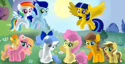 Size: 1980x1020 | Tagged: safe, artist:mlplary6, derpibooru import, li'l cheese, oc, oc:apple honey, oc:apple sweet, oc:autumn crisp, oc:blue skies, oc:jewel, oc:melody blossom, oc:speedy dash, oc:star sparkle, earth pony, pegasus, pony, unicorn, the last problem, alicorn wings, baby, baby pony, bow, colt, diaper, female, filly, flower, flower in hair, flying, foal, friends, hair bow, image, looking at you, male, offspring, parent:applejack, parent:big macintosh, parent:caramel, parent:fancypants, parent:flash sentry, parent:fluttershy, parent:rainbow dash, parent:rarity, parent:soarin', parent:twilight sparkle, parents:carajack, parents:flashlight, parents:fluttermac, parents:raripants, parents:soarindash, png, riding, siblings, sitting, smiling, smiling at you, sun, twins, wings