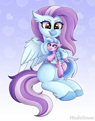 Size: 3500x4442 | Tagged: safe, artist:madelinne, derpibooru import, silverstream, oc, oc:ocean breeze, hippogriff, duo, duo female, female, freckles, happy, hippogriff oc, hug, image, jewelry, plushie, png, smiling