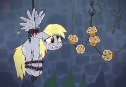 Size: 3200x2200 | Tagged: grimdark, artist:dirtyfox911911, derpibooru import, derpy hooves, pegasus, pony, abuse, blood, bound wings, bruised, chains, commission, crying, derpibooru exclusive, derpybuse, dungeon, feather, food, game, helpless, hook, image, moss, muffin, pain, png, punishment, restrained, sad, string, torture, wings