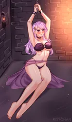 Size: 960x1619 | Tagged: suggestive, artist:roychan, derpibooru import, fleur-de-lis, human, barefoot, bound wrists, brick wall, candle, chains, cutie mark accessory, cutie mark hair accessory, dungeon, feet, female, hair accessory, humanized, image, legs, manacles, png, prisoner, solo, solo female, veil
