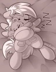 Size: 716x928 | Tagged: safe, artist:llametsul, derpibooru import, derpy hooves, pegasus, pony, atg 2023, cute, image, monochrome, newbie artist training grounds, onomatopoeia, plushie, png, signature, sleeping, solo, sound effects, teddy bear, zzz