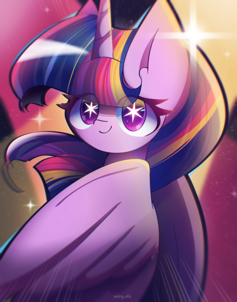 Size: 2000x2550 | Tagged: safe, artist:miryelis, derpibooru import, twilight sparkle, twilight sparkle (alicorn), alicorn, pony, big ears, big eyes, colored, cute, gradient mane, horn, image, looking at you, png, signature, simple background, smiling, smiling at you, solo, sparkles, starry eyes, twiabetes, wingding eyes, wings