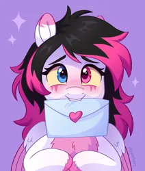 Size: 2508x2960 | Tagged: safe, artist:skysorbett, derpibooru import, oc, oc:lunylin, unofficial characters only, pegasus, pony, blushing, bust, cute, facial markings, female, heterochromia, image, letter, looking at you, love letter, mare, png, simple background, solo, sparkles, two toned coat, two toned mane, worried
