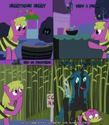 Size: 3500x4000 | Tagged: safe, artist:khazard, derpibooru import, cherry berry, queen chrysalis, changeling, changeling queen, earth pony, pony, spider, animal costume, apple bobbing, atg 2023, bee costume, bush, clothes, comic, corn, corn maze, costume, female, food, fruit stand, hiding, hiding in bushes, high res, house, image, newbie artist training grounds, night, nightmare night, png, sign, stalker, stalking, table, tree