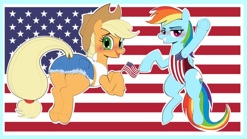 Size: 2047x1151 | Tagged: suggestive, artist:_ton618_, derpibooru import, applejack, rainbow dash, pony, 4th of july, applebutt, blushing, butt, clothes, denim shorts, flag, holiday, hot pants, image, jpeg, one-piece swimsuit, plot, shorts, swimsuit, united states