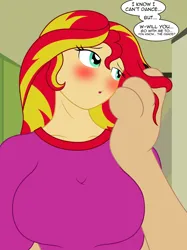 Size: 2428x3252 | Tagged: safe, artist:badumsquish, derpibooru import, sunset shimmer, monster girl, sphinx, equestria girls, asking, bashful, big breasts, blushing, breasts, busty sunset shimmer, canterlot high, claws, clothes, derpibooru exclusive, female, flirting, hair twirl, image, lockers, looking away, looking up, low angle, nervous, offscreen character, paws, png, pov, school, shirt, solo, species swap, sphinxified, t-shirt, talking, talking to viewer, tall, woman
