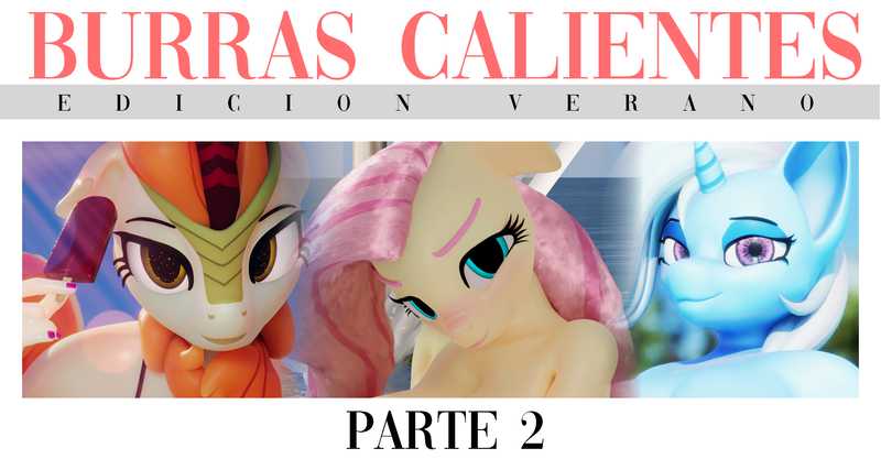 Size: 1750x934 | Tagged: suggestive, derpibooru import, autumn blaze, fluttershy, trixie, anthro, art pack:burras calientes, art pack:burras calientes edicion verano, banner, image, png