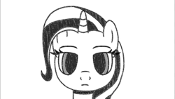 Size: 1280x720 | Tagged: safe, artist:horses are fuckin weird, derpibooru import, trixie, pony, unicorn, ai content, alternate universe, animated, black and white, blank expression, blank stare, bo en, crossover, female, frame by frame, grayscale, image, looking at you, mare, monochrome, music, my time, omori, oyasumi, simple background, singing, so-vits-svc, solo, squigglevision, webm, white background