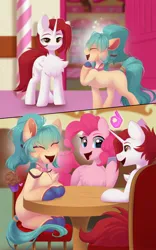 Size: 1280x2048 | Tagged: safe, artist:kebchach, derpibooru import, pinkie pie, oc, unofficial characters only, pony, female, heart, heart eyes, image, jpeg, male, mare, restaurant, talking, wingding eyes