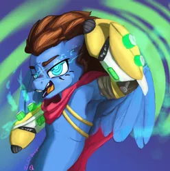 Size: 4294x4320 | Tagged: safe, artist:zlatdesign, derpibooru import, oc, oc:bizarre song, pegasus, blue fire, cape, clothes, cool, fight, fire, flame eyes, image, png, prosthetics, solo, weapon, wingding eyes