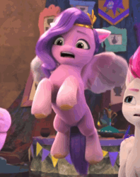 Size: 726x916 | Tagged: safe, derpibooru import, edit, edited screencap, screencap, pipp petals, queen haven, zipp storm, pegasus, pony, g5, my little pony: make your mark, spoiler:g5, spoiler:my little pony: make your mark, spoiler:my little pony: make your mark chapter 4, spoiler:mymc04e03, animated, cropped, diadem, duo focus, female, flying, gif, headband, image, jewelry, looking at someone, my little pony: make your mark chapter 4, offscreen character, regalia, royal sisters (g5), shocked, siblings, sisters, solo focus, the jinxie games