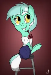 Size: 558x827 | Tagged: safe, artist:gorebox, derpibooru import, lyra heartstrings, pony, bow, braces, clothes, colored, female, filly, foal, image, jpeg, school photo, schoolgirl, skirt, smiling