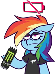 Size: 3366x4527 | Tagged: safe, artist:threetwotwo32232, derpibooru import, rainbow dash, pegasus, pony, clothes, drink, energy drink, female, image, low battery, mare, monster energy, png, shirt, simple background, solo, t-shirt, tired, transparent background