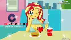 Size: 1066x595 | Tagged: suggestive, alternate version, artist:jakepixels, derpibooru import, edit, sunset shimmer, human, equestria girls, blushing, breasts, burger, busty sunset shimmer, censored, coca-cola, female, food, gumroad, gumroad logo, hamburger, image, looking at you, one breast out, patreon, patreon logo, png, solo, solo female, tongue out, wallpaper, wallpaper edit