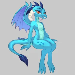 Size: 4000x4000 | Tagged: safe, artist:hexecat, derpibooru import, princess ember, anthro, dragon, dragoness, female, g4, gray background, grin, horns, image, lidded eyes, looking at you, png, signature, simple background, sitting, smiling, solo, spread wings, tail, wings