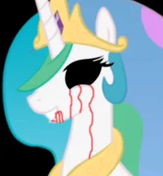 Size: 984x1066 | Tagged: grimdark, derpibooru import, princess celestia, alicorn, pony, black background, black sclera, blood, crying, female, image, mare, png, simple background, smiling, solo, tears of blood, zalgo