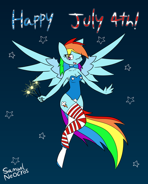 Size: 988x1231 | Tagged: safe, artist:samuel-neocros, derpibooru import, amethyst star, rainbow dash, anthro, unguligrade anthro, 4th of july, clothes, holiday, image, leotard, png, socks, stars, stockings, thigh highs