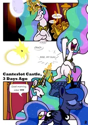 Size: 1446x2039 | Tagged: safe, artist:pony4koma, derpibooru import, princess celestia, princess luna, alicorn, pony, comic:paidvacationdays, canterlot, canterlot castle, comic, comic page, cracking knuckles, crown, cute, cutelestia, cutie mark, day, dialogue, female, flank, flowing mane, flowing tail, frown, happy, image, impact, jewelry, lunabetes, magic, makeup, mare, moon, night, png, punch, regalia, smiling, speech bubble, sun, sunrise, tail, throne, throne room, tierd