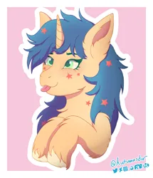 Size: 2082x2416 | Tagged: safe, alternate version, artist:autumnsfur, derpibooru import, oc, oc:lumi glow, unofficial characters only, fluffy pony, pony, unicorn, artfight, blue hair, bust, chest fluff, ear fluff, eyelashes, female, fluffy, green eyes, happy, horn, image, logo, long hair, long mane, looking up, mare, markings, png, pony oc, raised hoof, raised hooves, signature, silly, silly face, silly pony, simple background, smiling, stars, text, tongue out, yellow coat, yellow fur