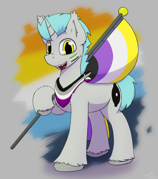 Size: 2444x2760 | Tagged: safe, artist:monycaalot, derpibooru import, oc, oc:lunar signal, bat pony, hybrid, unicorn, commission, flag, image, png, pride month, ych result