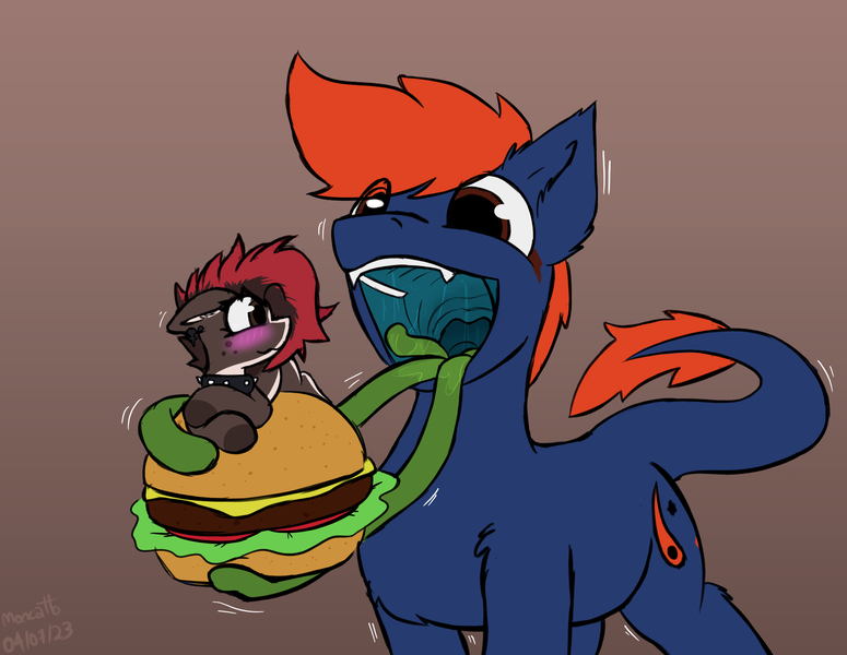 Size: 1938x1500 | Tagged: questionable, artist:monycaalot, derpibooru import, oc, oc:fizark catto, oc:torsher, gecko, monster pony, original species, tatzlpony, burger, food, gift art, hamburger, image, png, tentacles, vore