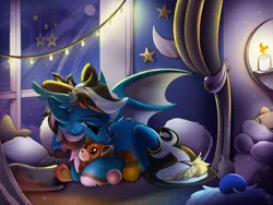 Size: 2000x1500 | Tagged: safe, artist:starcasteclipse, derpibooru import, oc, oc:starcast, unofficial characters only, bat pony, bird, bat pony oc, bat wings, candle, female, image, lying down, plushie, png, sleeping, wings