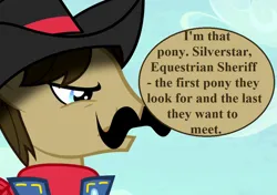 Size: 999x703 | Tagged: safe, derpibooru import, edit, edited screencap, screencap, sheriff silverstar, appleoosa's most wanted, clothes, cropped, gunsmoke (series), hat, image, png, speech, speech bubble, talking, uniform